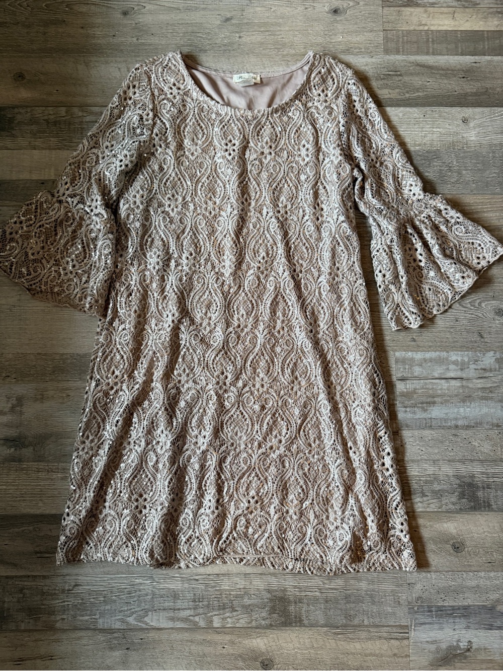 Brittany Black Bell-Sleeve Lace Shift Dress in Dusty Blush size M